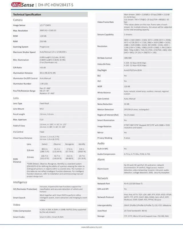 Alt view image 4 of 5 - Dah,ua Starlight IPC-HDW2841T-S 8MP POE IR Eyeball Network IP Camera Wizsense WDR Black 2.8mm