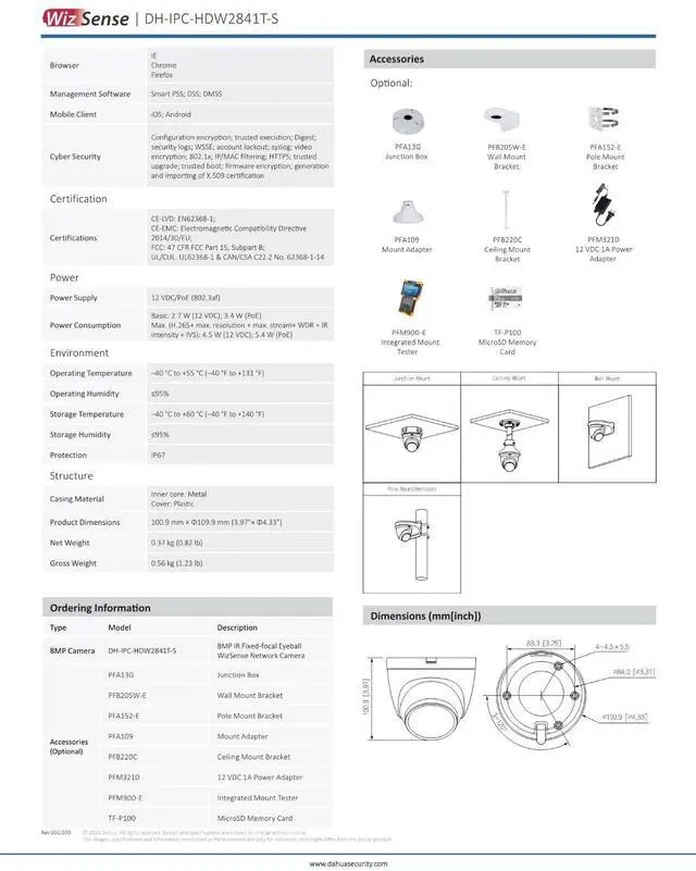 Alt view image 5 of 5 - Dah,ua Starlight IPC-HDW2841T-S 8MP POE IR Eyeball Network IP Camera Wizsense WDR Black 2.8mm
