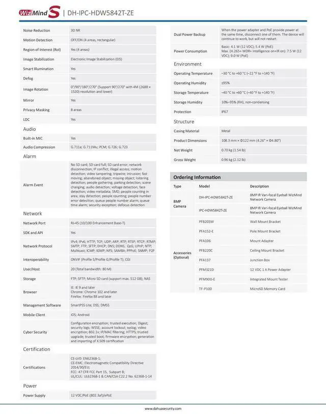 Alt view image 6 of 7 - Dah,ua IPC-HDW5842T-ZE-S3 8MP 4x Zoom WizMind S Camera PoE SMD3.0 Built-in Mic
