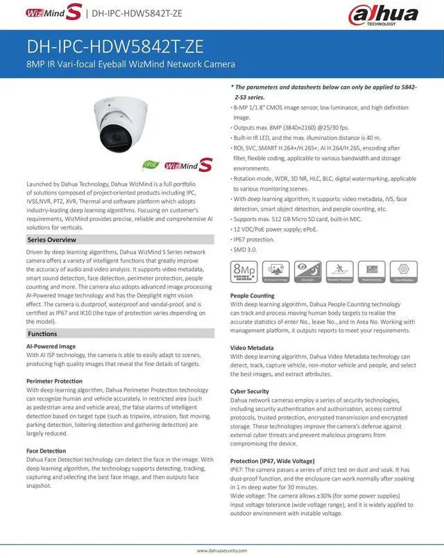 Alt view image 4 of 7 - Dah,ua 8MP 4x Zoom Bulit-in Mic WizMind S IP Camera PoE SMD3.0 IPC-HDW5842T-ZE-S3