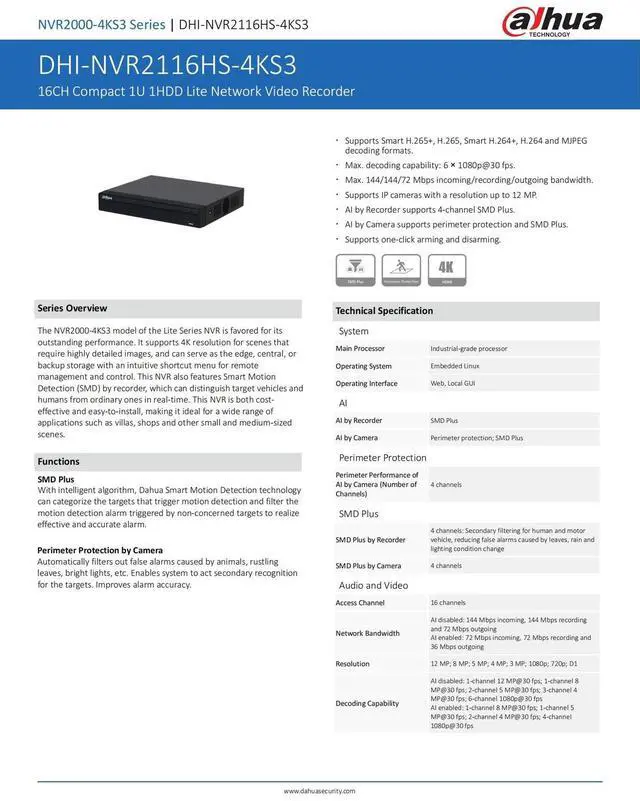 Alt view image 4 of 7 - Dah,ua NVR2116HS-4KS3 16CH NVR Network Video Recorder for IP Camera System H.265+