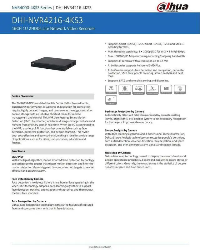 Alt view image 3 of 5 - Dah,ua NVR4216-4KS3 16CH H.265+ Smart NVR Network Video Recorder For IP Camera