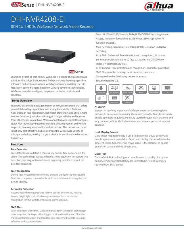 Alt view image 4 of 7 - Dah,ua NVR4208-EI 16 MP 8CH IVS 1U 2HDDs WizSense Network Video Recorder H.265+