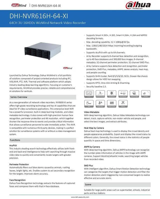 Alt view image 4 of 7 - Dah,ua 64CH 3U 16HDDs WizMind Network Video Recorder NVR616H-64-XI EPTZ AI 4K NVR