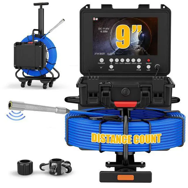 Main image of 9" Pipe Inspection Camera with Trolley Pull Rod 7mm Diameter IP68 DVR 30M Cable