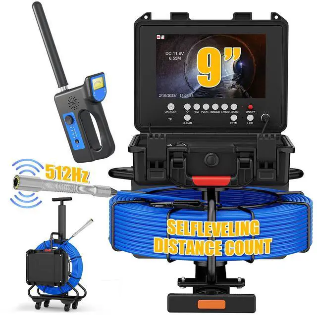 Main image of Pipe Inspection Camera Trolley Pull Rod 512HZ Receiver 7mm IP68 Drain 9" DVR 30M