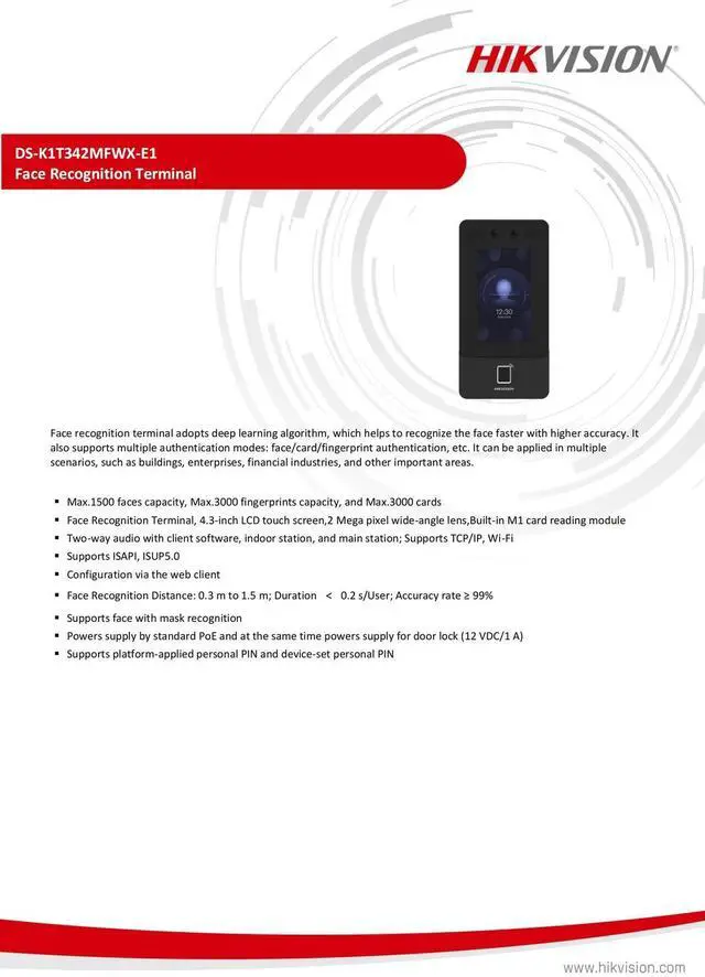 Alt view image 4 of 7 - Hi,kvi,sion Facial Recognition Touch Screen Time Clock 2Way Audio DS-K1T342MFWX-E1