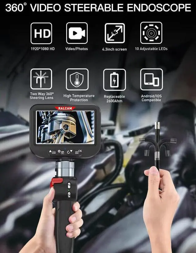 Alt view image 3 of 7 - Ralcam Endoscope Articulating Borescope HD 1080P Two-Way 180° Inspection Camera