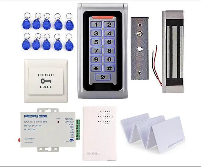 Main image of Sistemas de entrada de puerta con teclado RFID de metal impermeable y cerradura magnética eléctrica de 600 libras + fuente de alimentación de 110 V + botón de presión para salir+llaveros/tarjetas RFID