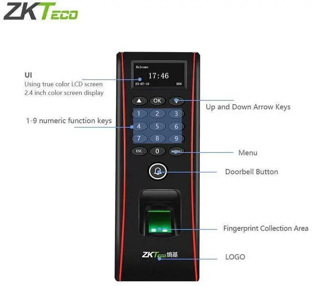 Alt view image 7 of 7 - ZKteco TF1700 TCP/IP Fingerprint Door Access Control Terminal Time Clock IP65 tf1700+adms