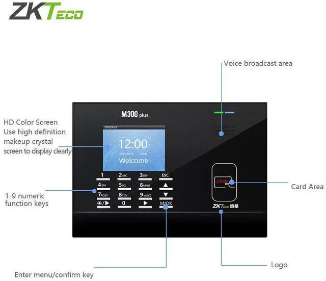 Alt view image 3 of 7 - ZKTeco M300Plus 3''TFT Screen TCP/IP RFID Card Time Attendance Time Clock System m300plus+ic