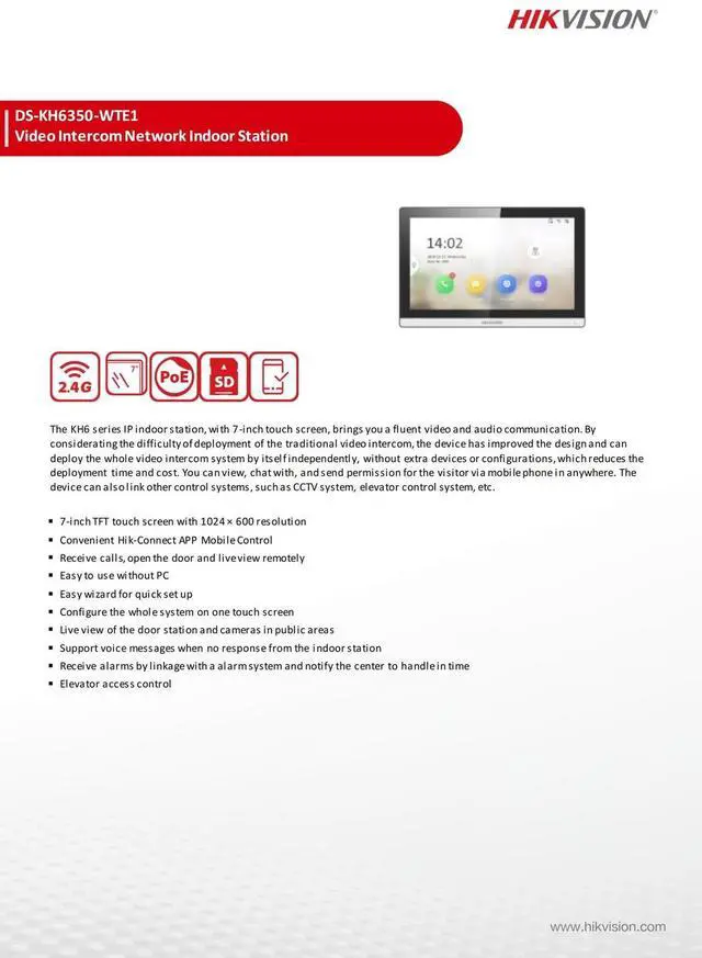 Alt view image 4 of 7 - Hi,kvis,ion DS-KH6350-WTE1 7'' TFT Touchscreen KH6 Series IP Based Indoor Station