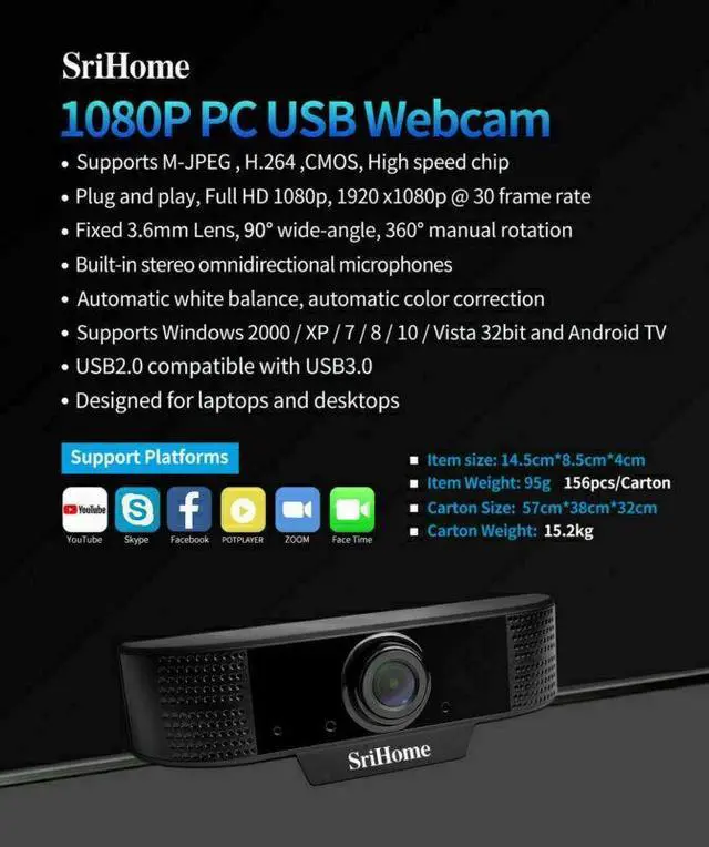 Alt view image 6 of 6 - Sricam SH037 USB Webcam 1080P Full HD Web Camera With Microphone For PC Laptop