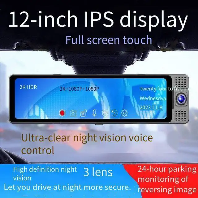 Alt view image 2 of 7 - Ultra HD 4K Mirror Dash Cam for Cars - 12" Full Touch Screen, front and Rear Camera Best Smart Wireless 3 Channel Rearview mirror Reverse Assist Parking Monitor