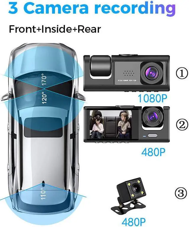 Alt view image 3 of 7 - Dash Cam Front and Rear 3 Channel Comprehensive Recording for Interior, and Rear inside Best Rechargeable - Full HD Recording - Wireless Connectivity - Parking Monitoring - Mini Design