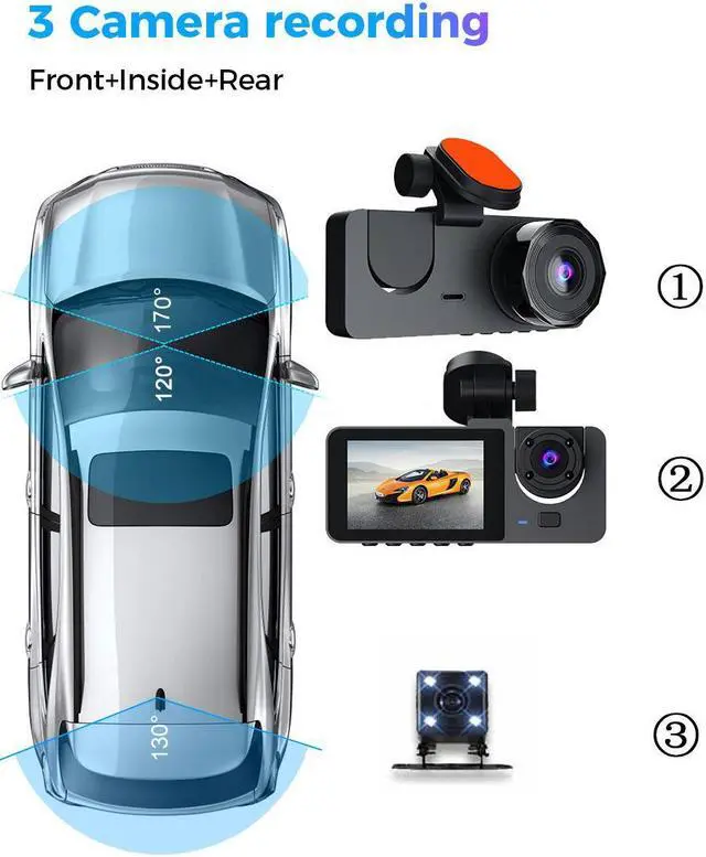 Alt view image 3 of 5 - dash camera for cars front and rear inside 3 channel Backup Camera small smart car play Reverse Assist Parking Monitor Free 32gb Card semi pickup trucks Rechargeable rearview mirror