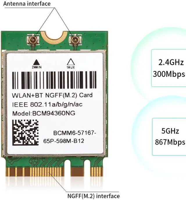 Alt view image 4 of 7 - DERAPID Hackintosh MacOS BCM94360NG WiFi Card for PC 1200Mbps 2.4G/5Ghz NGFF M.2 Wireless Bluetooth 4.0 - AC1200 Dual Band Wireless Adapter
