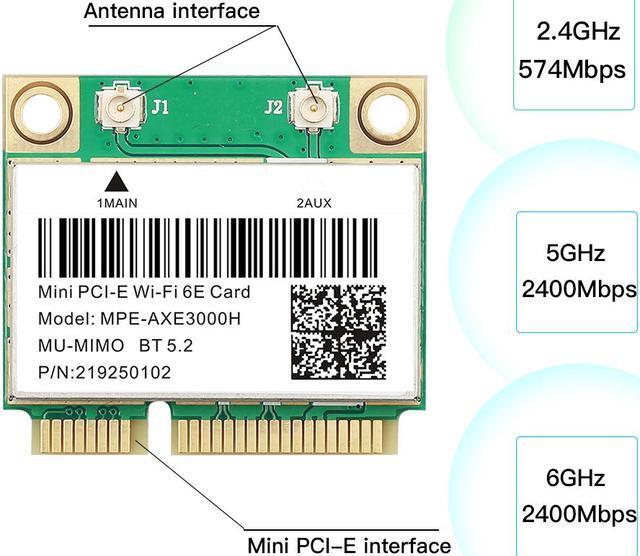 Alt view image 2 of 7 - DERAPID Wi-Fi 6E AX3000 Mini PCIe Wireless Card, Bluetooth 5.2, 802.11ax Tri-Band (6GHz/5GHz/2.4GHz), MU-MIMO, for Windows 11/10 64-bit Laptop/PC
