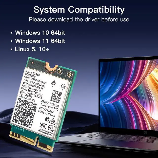 Alt view image 5 of 7 - DERAPID Wi-Fi 7 BE200 NGFF M.2 Key E Wireless Network Card with Bluetooth 5.4 Adapter for PC Windows 11/10 , Not Support AMD Motherboard