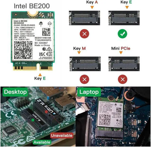 Alt view image 2 of 7 - DERAPID Wi-Fi 7 BE200 NGFF M.2 Key E Wireless Network Card with Bluetooth 5.4 Adapter for PC Windows 11/10 , Not Support AMD Motherboard
