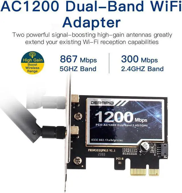 Alt view image 2 of 7 - DERAPID PCE-AC1200 PCIe WiFi Card for Desktop Wifi Bluetooth Card Dual Band PCI-E X1 Wireless Network Card 1200Mbps (2.4Ghz and 5Ghz) for Gaming Streaming Supports Windows 11/10, 8, 7 (32/64bit)
