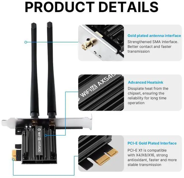 Alt view image 7 of 7 - DERAPID WiFi 6E PCIe Wireless Network Card, AX5400 Tri-Band (2.4/5/6GHz) with Bluetooth 5.3, MT7922 Chipset, Windows 10/11 Compatible  High-Speed Gaming & Streaming Adapter