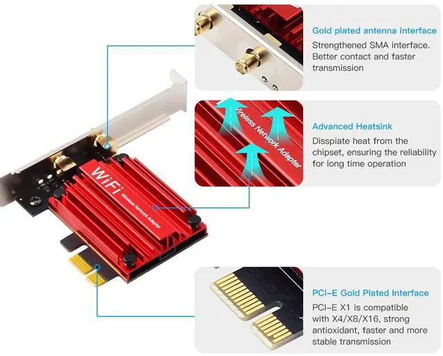 Alt view image 2 of 7 - DERAPID PCI-E WiFi 6 Network Card AX1800Mbps Bluetooth 5.2 Heat Sink 802.11AX 2.4Ghz/5Ghz Wireless PCIe Network Wi-Fi 6 Card PCI Express WiFi Adapters 6dBi Dual Band Antenna for Windows 11/10 64-bit