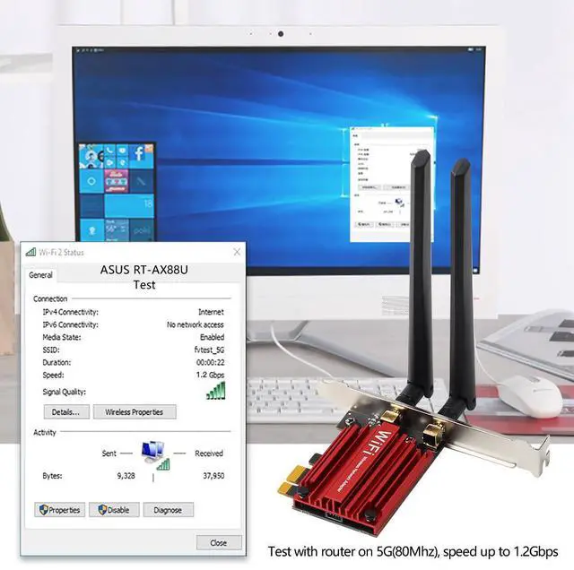Alt view image 5 of 7 - DERAPID PCI-E WiFi 6 Network Card AX1800Mbps Bluetooth 5.2 Heat Sink 802.11AX 2.4Ghz/5Ghz Wireless PCIe Network Wi-Fi 6 Card PCI Express WiFi Adapters 6dBi Dual Band Antenna for Windows 11/10 64-bit