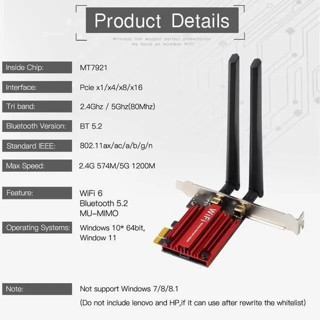Alt view image 6 of 7 - DERAPID PCI-E WiFi 6 Network Card AX1800Mbps Bluetooth 5.2 Heat Sink 802.11AX 2.4Ghz/5Ghz Wireless PCIe Network Wi-Fi 6 Card PCI Express WiFi Adapters 6dBi Dual Band Antenna for Windows 11/10 64-bit