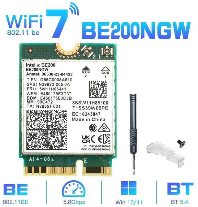 Main image of DERAPID Wi-Fi 7 BE200 NGFF M.2 Key E Wireless Network Card with Bluetooth 5.4 Adapter for PC Windows 11/10 , Not Support AMD Motherboard