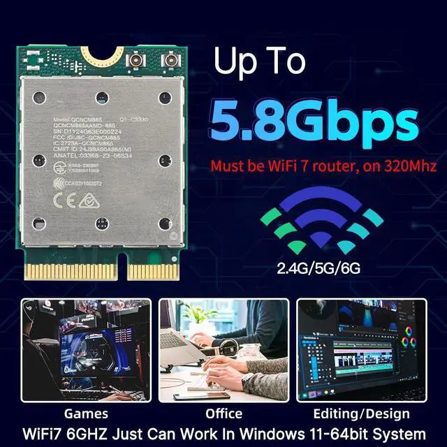 Alt view image 4 of 7 - DERAPID QCNCM865 Wi-Fi 7 Card for PC, NGFF M.2 Key E, Tri-Band 6GHz 5GHz 2.4GHz, Bluetooth Adapter with Antenna, Compatible with Intel & AMD Motherboards, Windows 11 Only