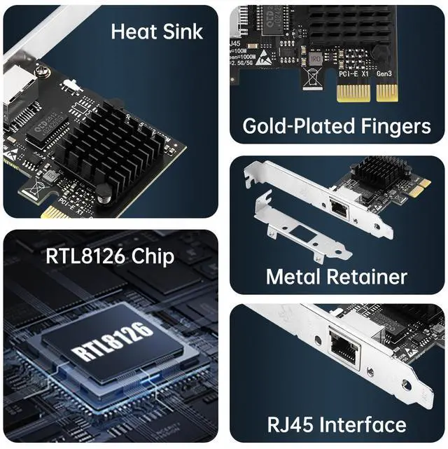 Alt view image 6 of 7 - DERAPID 5Gb Base-T Network Card, RTL8126 Controller 5G PCIe Ethernet Adapter, PCIe to RJ45 Port NIC Card, for Windows10/11/Windows Server/Linux