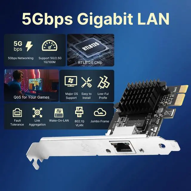 Alt view image 5 of 7 - DERAPID 5Gb Base-T Network Card, RTL8126 Controller 5G PCIe Ethernet Adapter, PCIe to RJ45 Port NIC Card, for Windows10/11/Windows Server/Linux