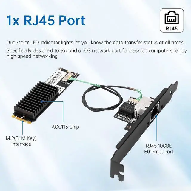 Alt view image 4 of 7 - DERAPID 10G Ethernet Card, Multi-Gigabit NIC with AQC113 Chip, M.2 B+M Key to RJ45 10G/5G/2.5G/1G/100M Adapter for Desktop