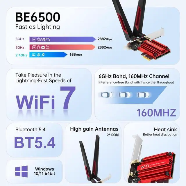 Alt view image 2 of 7 - DERAPID BE6500 PCIE WiFi 7 Card Tri-Band 6G/5G/2.4Ghz Bluetooth 5.4 Wireless Network Adapter for Desktop, OFDMA, 802.11be, Compatible with Intel/AMD Windows 10/11 (64-Bit)