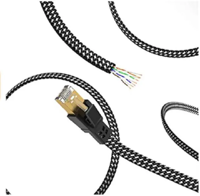 Alt view image 3 of 6 - Cat 8 Ethernet Cable 15 ft, 26AWG Nylon Braided High Speed Heavy Duty Cat8 Network LAN Patch Cord, 40Gbps 2000Mhz SFTP RJ45 Flat Cable Shielded in Wall, Indoor&Outdoor for Modem/Router/Gaming/PC