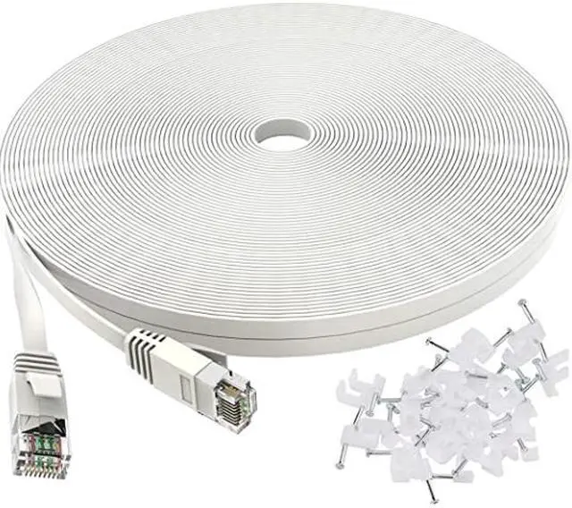 Main image of Cat 6 Ethernet Cable 50 ft White - Flat Internet Network Lan patch cords – Solid Cat6 High Speed Computer wire With clips& Snagless Rj45 Connectors for Router, modem – faster than Cat5e/Cat5 - 50 feet