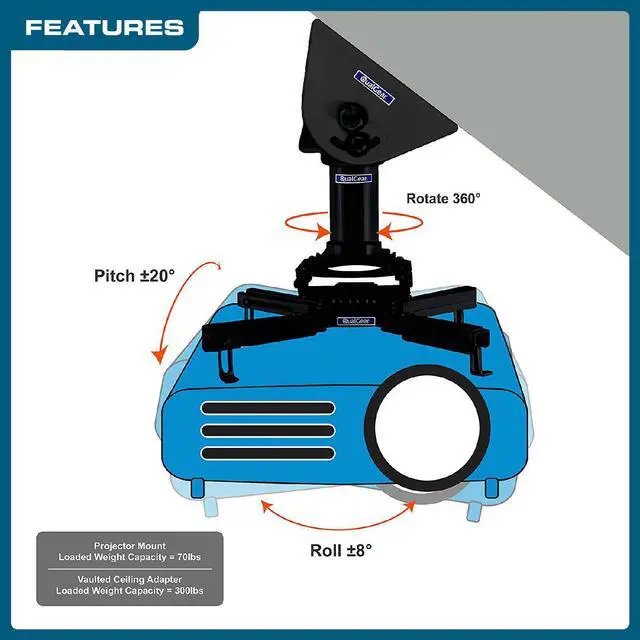 Alt view image 3 of 17 - QualGear® Pro-AV QG-KIT-VA-3IN-B Projector Mounting Kit - Projector Mount, Vaulted Ceiling Adapter, and a 3 inch 1.5-Inch NPT Threaded Pipe in Black