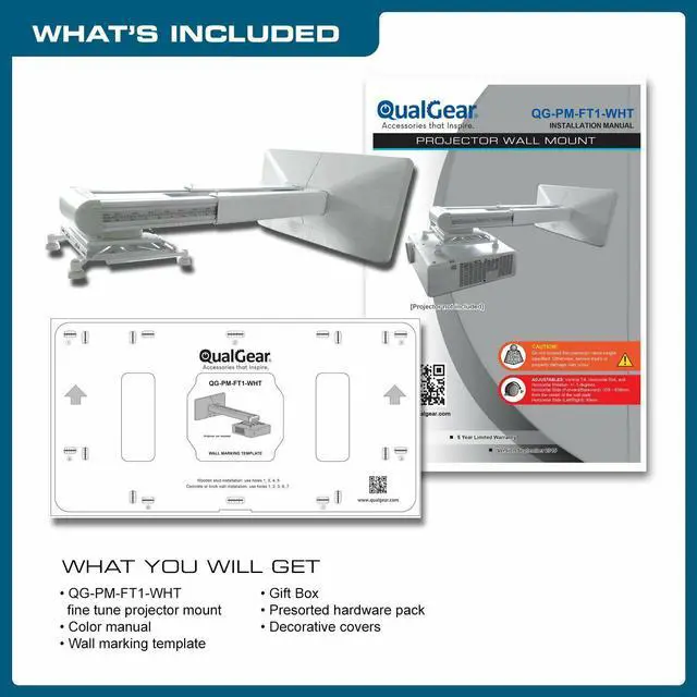Alt view image 3 of 8 - QualGear® QG-PM-FT1-WHT Universal Projector Wall Mount with Fine Tune Adjustments