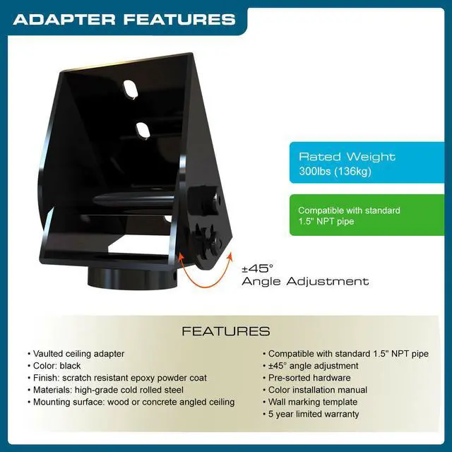 Alt view image 4 of 17 - QualGear® Pro-AV QG-KIT-VA-3IN-B Projector Mounting Kit - Projector Mount, Vaulted Ceiling Adapter, and a 3 inch 1.5-Inch NPT Threaded Pipe in Black