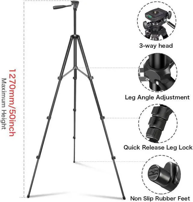 Alt view image 2 of 7 - Phone Tripod 50’’ Extendable Lightweight Aluminum Tripod Stand with Universal Cell Phone/Tablet Holder, Remote Shutter, Compatible with Smartphone & Tablet & Camera