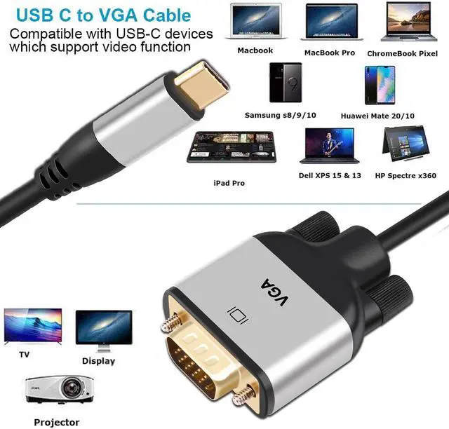 Alt view image 3 of 6 - USB C to VGA Cable 10ft,USB Type C (Thunderbolt 3) to VGA Cable Sturdy Braided for USB 3.1 Devices-MacBook Pro, iPad Pro Samsung S10/S9/S8, Surface Book 2, Dell XPS, HP Etc