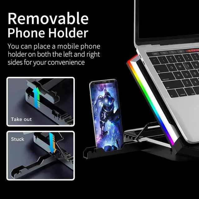Alt view image 5 of 7 - ICE COOREL Gaming Laptop Cooling Pad 15-17.3 Inch with 6 Cooling Fans, Cooling Stand with 6 Height Adjustable, Laptop Cooler with RGB Light, LCD Screen, 2 USB Ports, Phone Stand