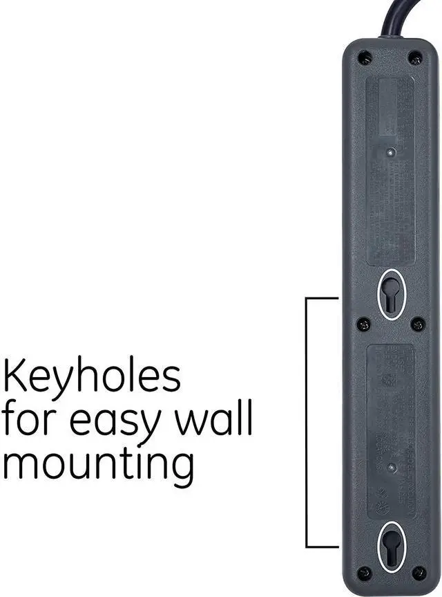 Alt view image 3 of 14 - GE Pro 6 Outlet Surge Protector, 2 ft Extension Cord, Power Strip, Flat Plug, Wall Mount, Black, 45170