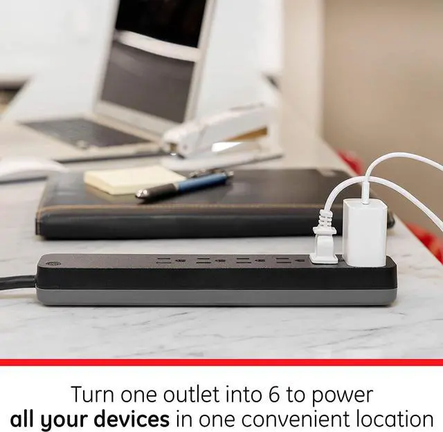 Alt view image 6 of 14 - GE Pro 6 Outlet Surge Protector, 2 ft Extension Cord, Power Strip, Flat Plug, Wall Mount, Black, 45170