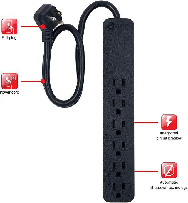 Alt view image 2 of 14 - GE Pro 6 Outlet Surge Protector, 2 ft Extension Cord, Power Strip, Flat Plug, Wall Mount, Black, 45170