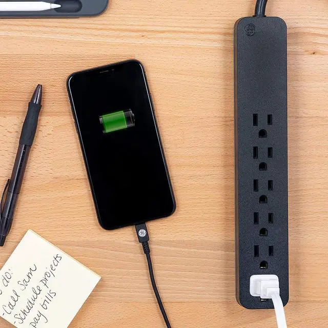 Alt view image 5 of 14 - GE Pro 6 Outlet Surge Protector, 2 ft Extension Cord, Power Strip, Flat Plug, Wall Mount, Black, 45170