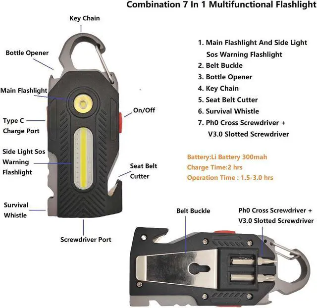 Alt view image 3 of 7 - QLEE Multifunctional flashlight 7 in 1 COB Keychain Bright Work Light Rechargeable Portable LED light with Bottle Opener Seat belt cutter Survival whistle screwdriver for Camping Walking Hiking