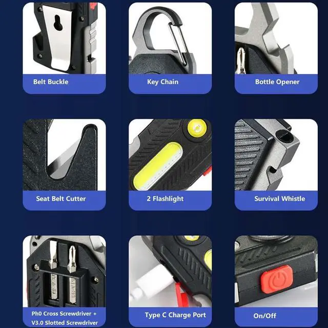 Alt view image 5 of 7 - QLEE Multifunctional flashlight 7 in 1 COB Keychain Bright Work Light Rechargeable Portable LED light with Bottle Opener Seat belt cutter Survival whistle screwdriver for Camping Walking Hiking