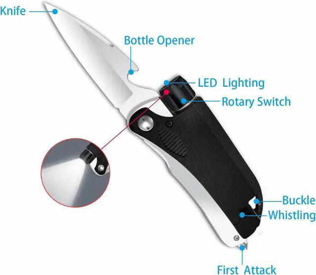 Alt view image 4 of 7 - QLEE Led Mini Flashlight 6-In-1 Utility Folding Pocket Knife With Bottle Opener,Glass Breaker First Attack,Buckle,Whistling,Multi-Function Emergency Tool For Hiking Survival Camping Hunting